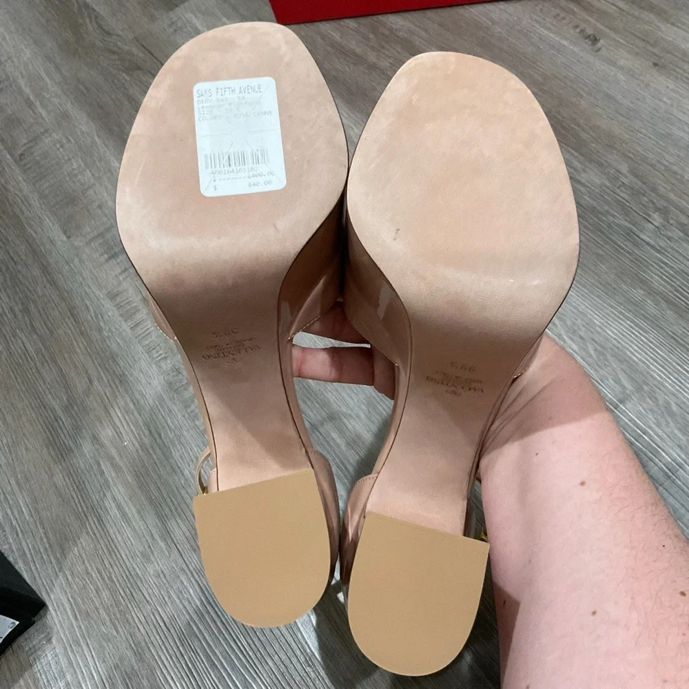 Valentino Garavani Logo Neutral Tan Go Patent Leather Sandal Platforms